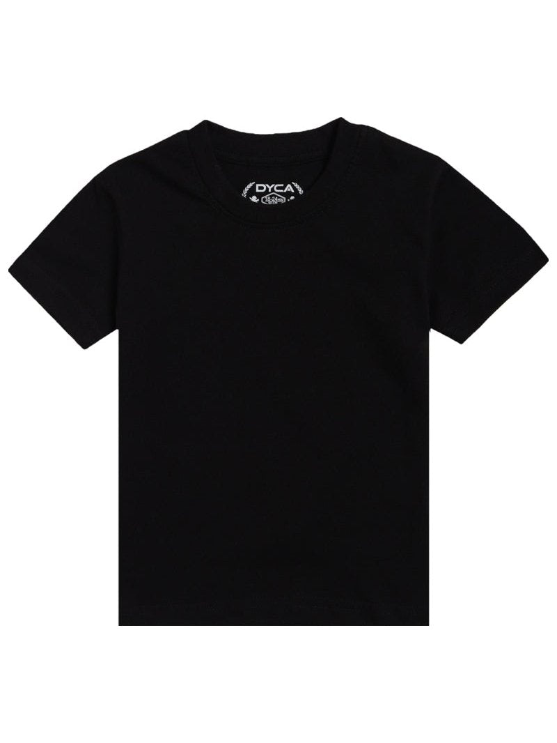 Plain black short sleeve kids innerwear t-shirt with crew neck on white background