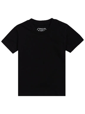 Plain black short sleeve kids innerwear t-shirt with crew neck on white background