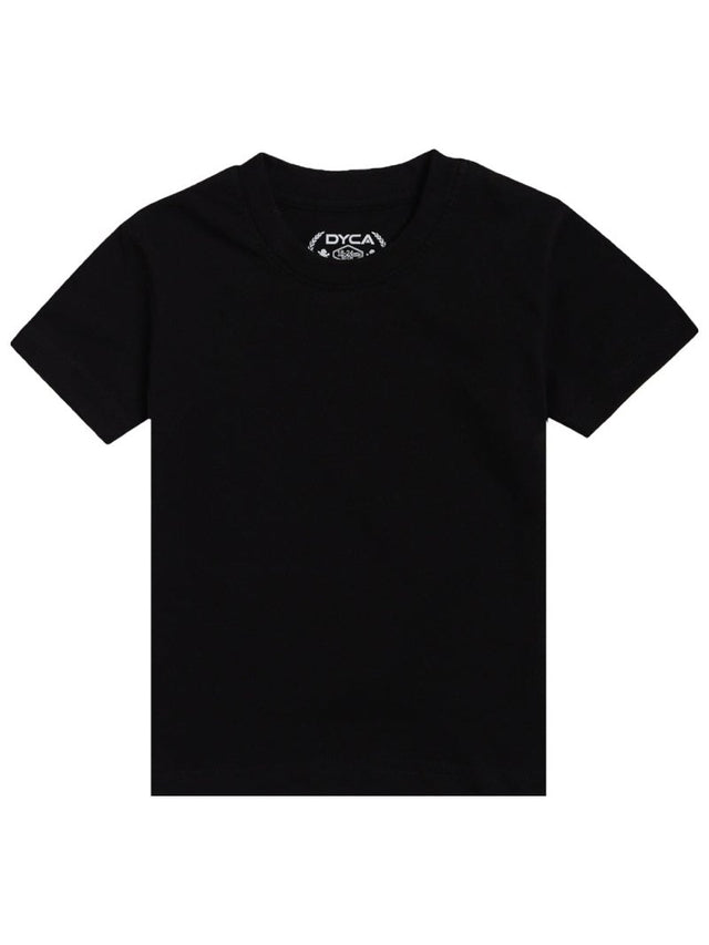 Plain black short sleeve kids innerwear t-shirt with crew neck on white background