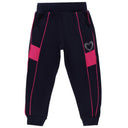 Kids navy blue joggers with pink stripes, side pockets, and a studded heart detail