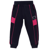 Kids navy blue joggers with pink stripes, side pockets, and a studded heart detail