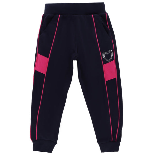 Kids navy blue joggers with pink stripes, side pockets, and a studded heart detail