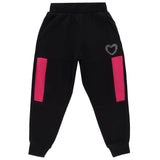 Black kids joggers with pink side panels and rhinestone heart accent, front view