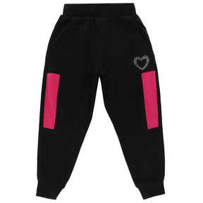 Black kids joggers with pink side panels and rhinestone heart accent, front view