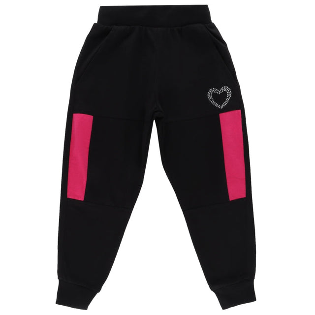 Black kids joggers with pink side panels and rhinestone heart accent, front view