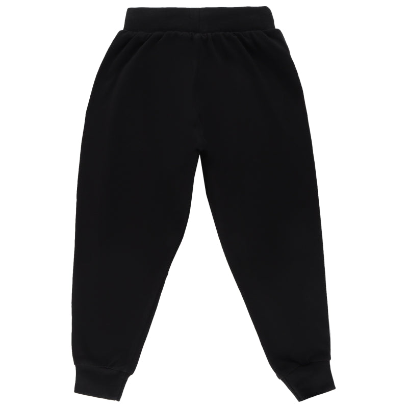 black kids jogger pants with elastic waistband and cuffed hems on white background