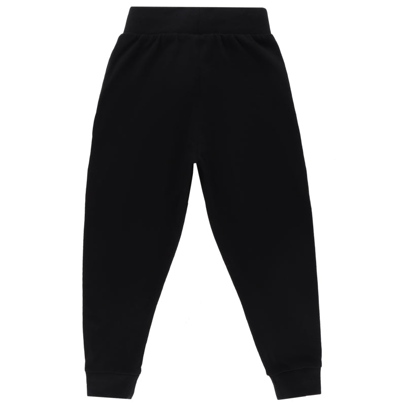 Black kids thermal pants with elastic waistband and cuffed ankles, back view