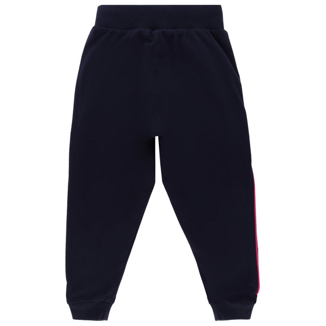 Navy blue kids jogger pants with red side stripe, elastic waistband and cuffs, back view