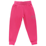 Pink kids joggers with elastic waistband and rhinestone heart detail on one leg