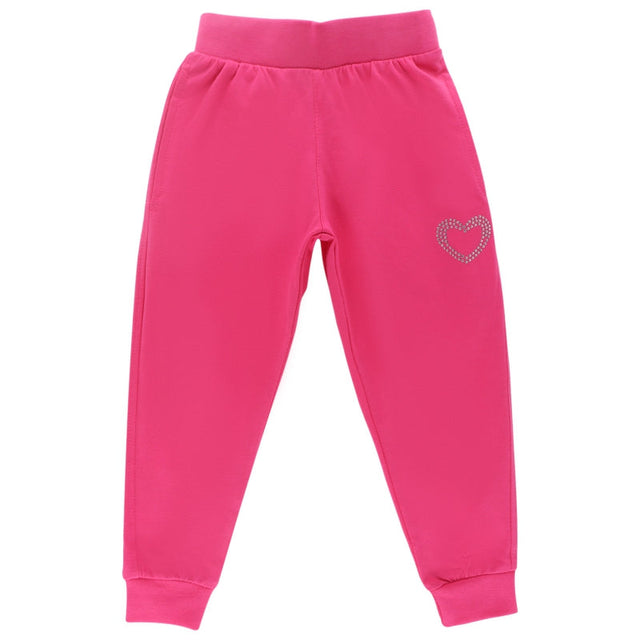 Pink kids joggers with elastic waistband and rhinestone heart detail on one leg