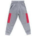 Kids grey jogger pants with red side panels and elastic waistband, comfy winter wear.