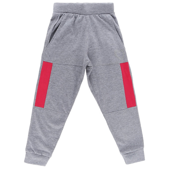 Kids grey jogger pants with red side panels and elastic waistband, comfy winter wear.