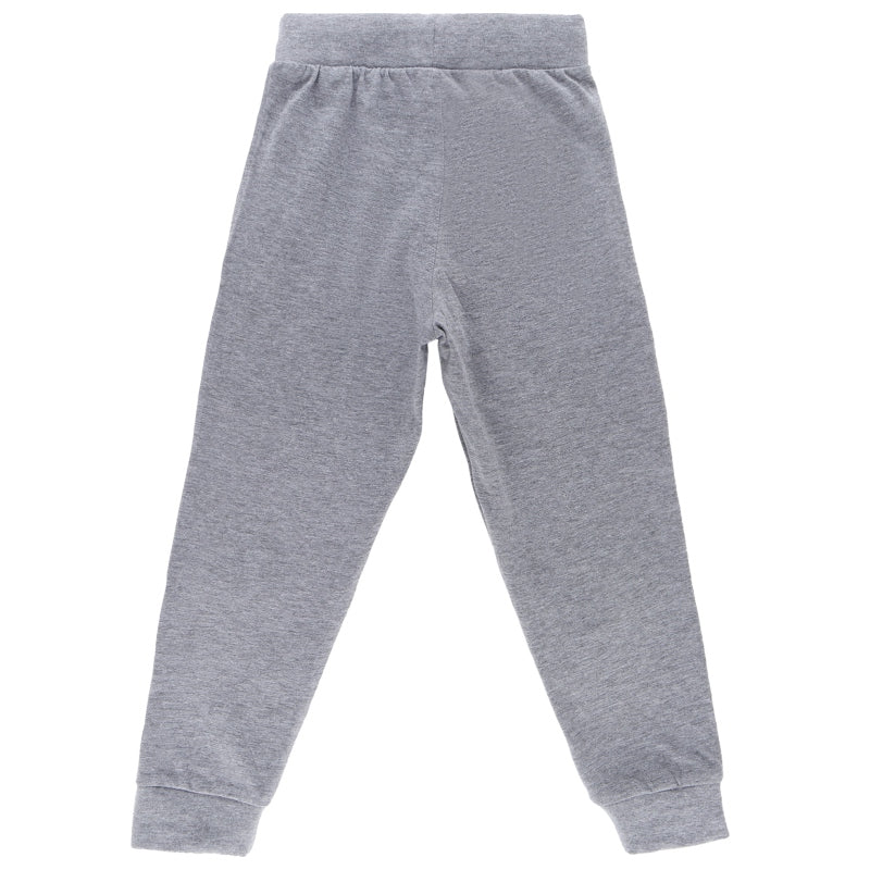Grey kids thermal leggings with elastic waistband and cuffed ankles on white background
