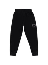 Black kids joggers with elastic waist and rhinestone heart accent on pocket
