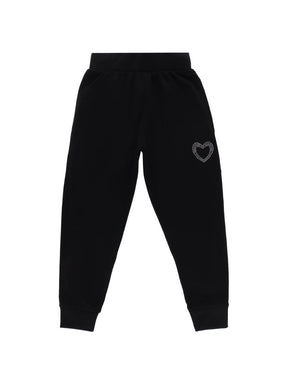 Black kids joggers with elastic waist and rhinestone heart accent on pocket