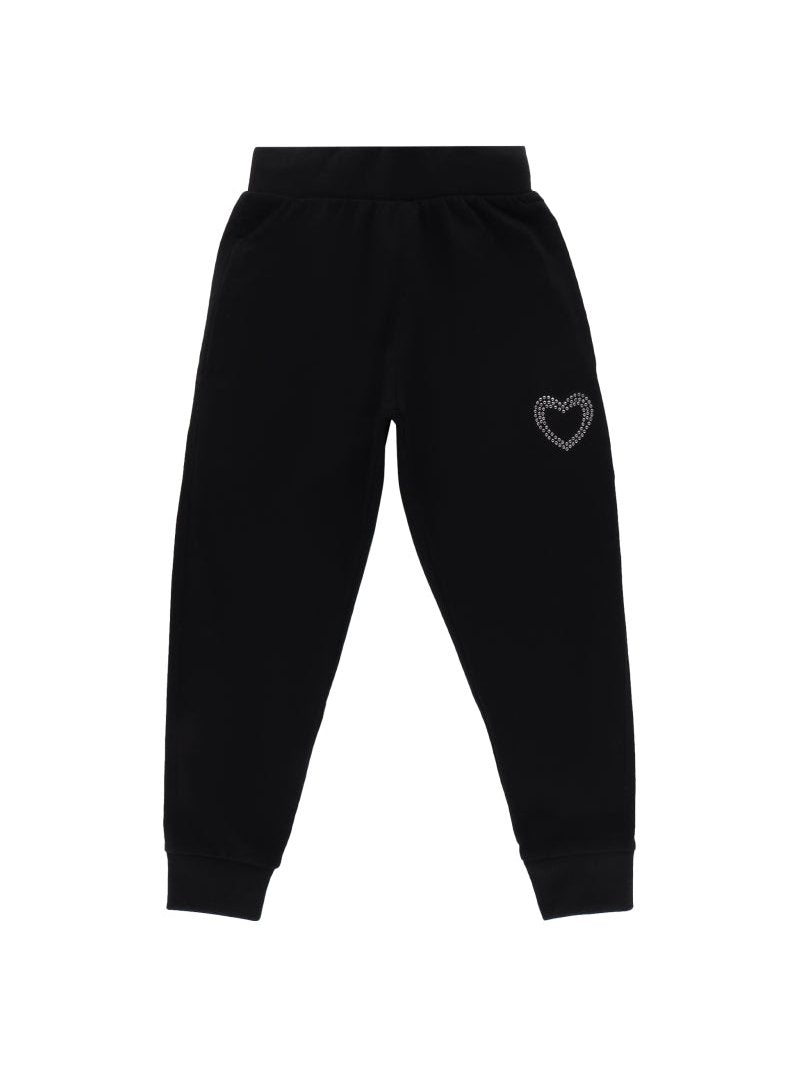 Black kids joggers with elastic waist and rhinestone heart accent on pocket