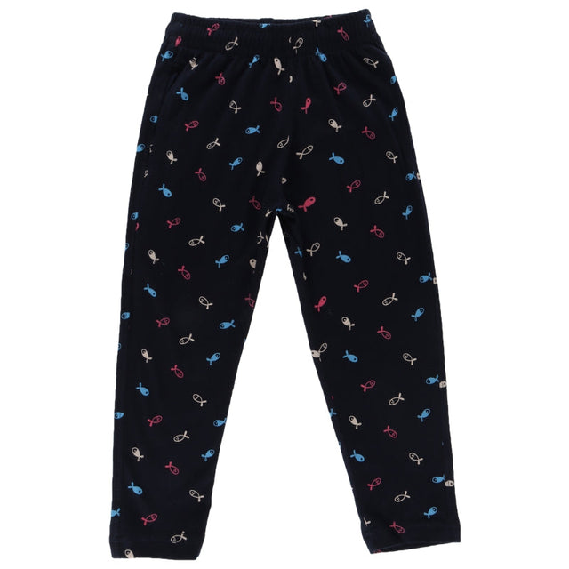 Kids navy blue leggings with colorful fish print, elastic waistband, comfortable fit