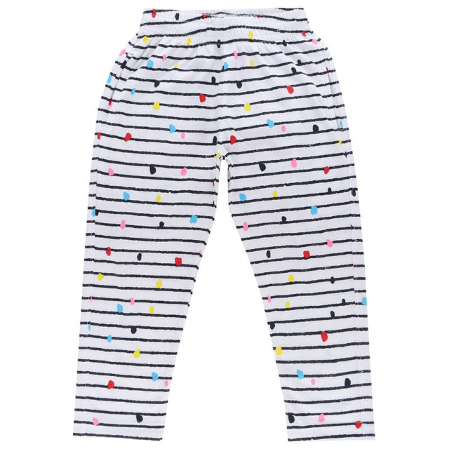 Kids leggings with black horizontal stripes and colorful dot pattern on white fabric