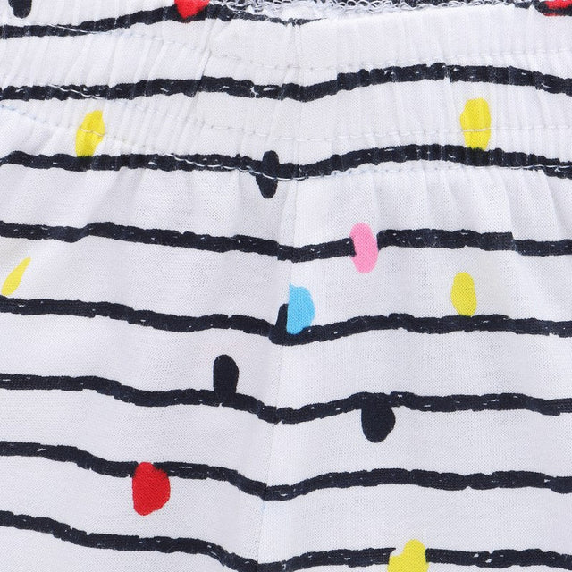 white kids innerwear with black stripes and colorful polka dots pattern