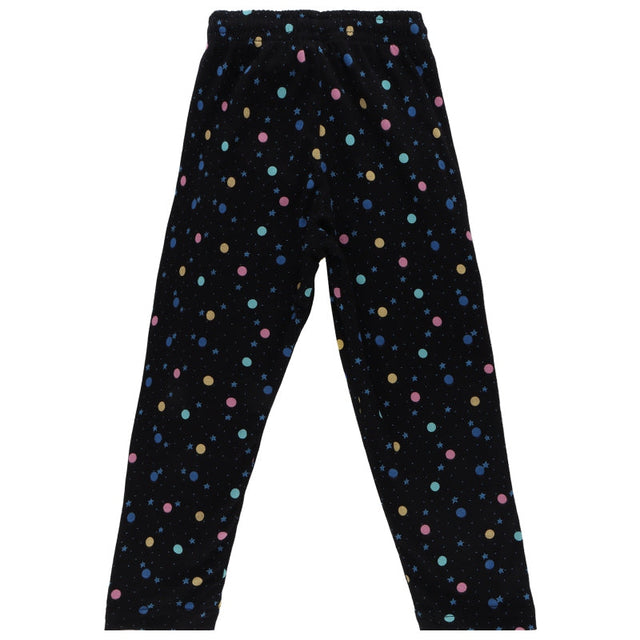 Kids black thermal leggings with multicolor polka dot and star print, full length