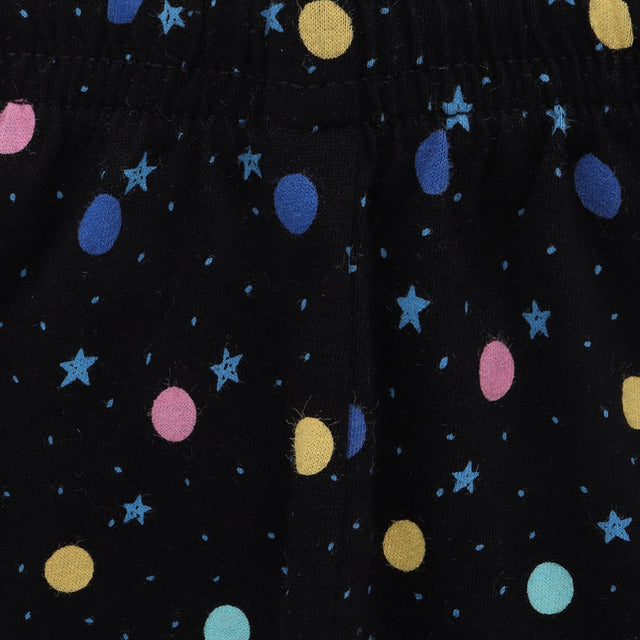 Black kids innerwear fabric with colorful polka dots and star print pattern