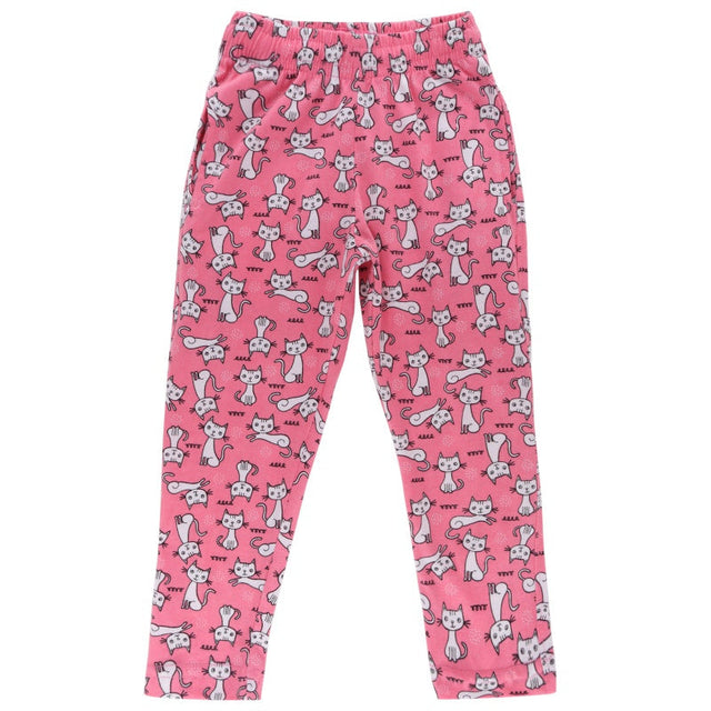 Pink kids leggings with white cat print and elastic waistband