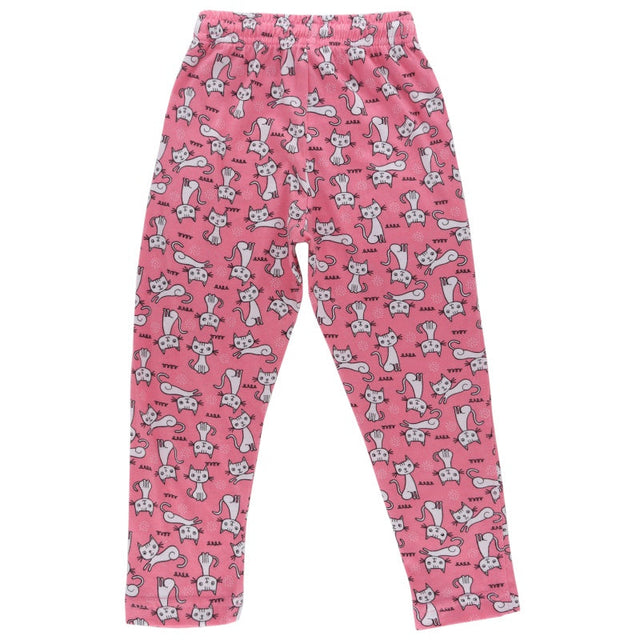 Pink kids leggings with white cartoon cat print and elastic waistband