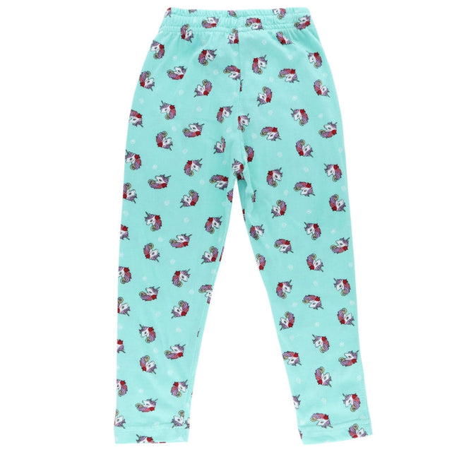 Aqua kids leggings with colorful unicorn print, soft cotton, comfortable fit.
