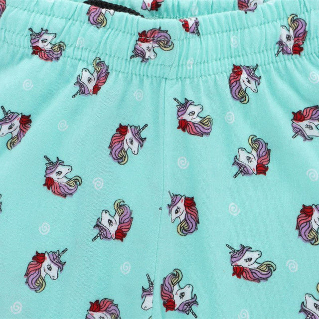 Light blue kids innerwear fabric with colorful unicorn print and elastic waistband