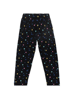 Kids black thermal leggings with colorful polka dot and star pattern