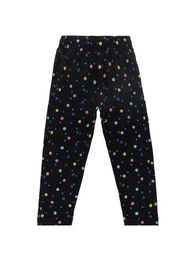 Kids black thermal leggings with colorful polka dot and star pattern