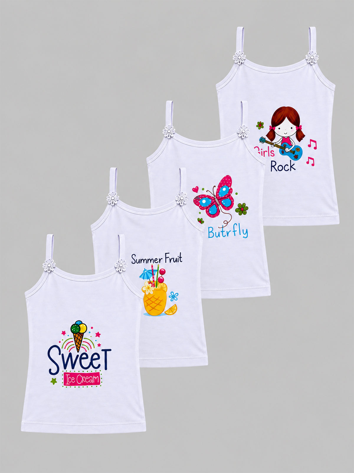 Girls 100% Cotton Printed Camisole Sleeveless Innerwear Vest for Everyday Comfort and Regular Use - Pack of 4