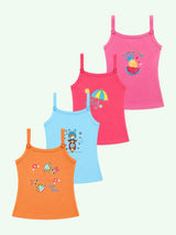 Girls Printed 100% Cotton Vest Camisole, Sleeveless Design and Everyday Innerwear Comfort - Pack of 4