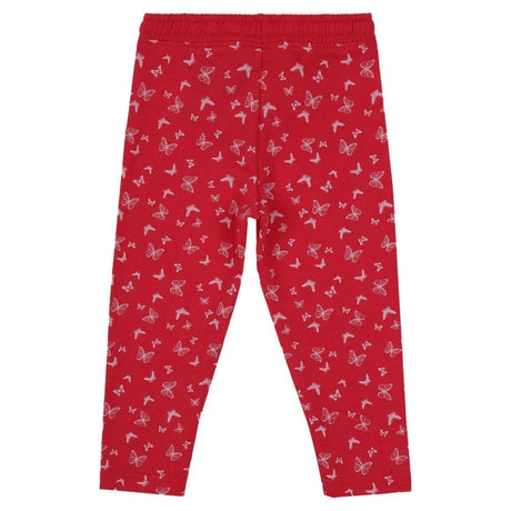 Red kids leggings with white butterfly print, elastic waistband, comfortable fit