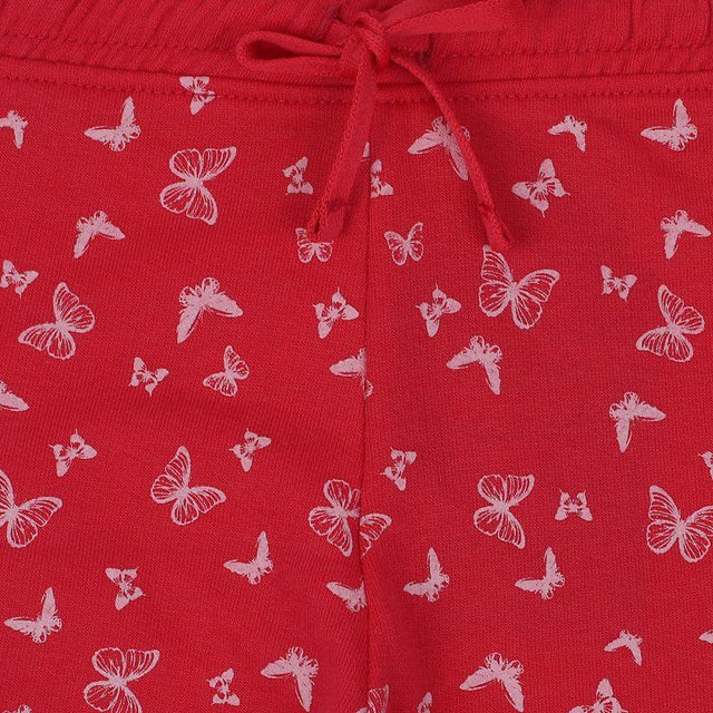 Bright red kids pants with white butterfly print and drawstring waist
