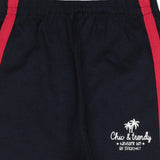 Kids navy jogger pants with red stripes and 'Chic & trendy' palm tree print