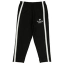 Black kids leggings with white side stripes and elastic waist, laid flat on white background
