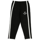 Black kids leggings with white side stripes and elastic waist, laid flat on white background