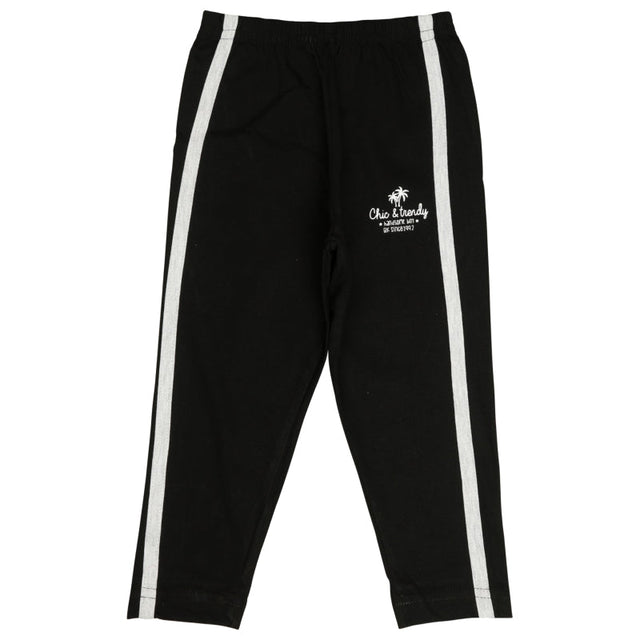 Black kids leggings with white side stripes and elastic waist, laid flat on white background