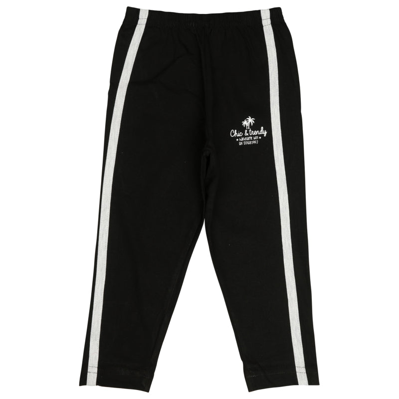 Black kids leggings with white side stripes and elastic waist, laid flat on white background