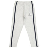 Kids light grey leggings with black side stripes and elastic waistband