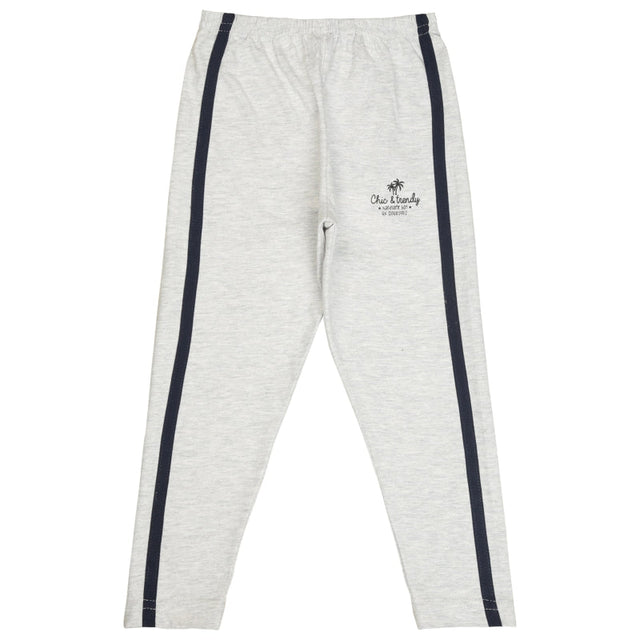 Kids light grey leggings with black side stripes and elastic waistband