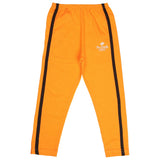 Kids orange leggings with black side stripes and elastic waistband, comfortable fit