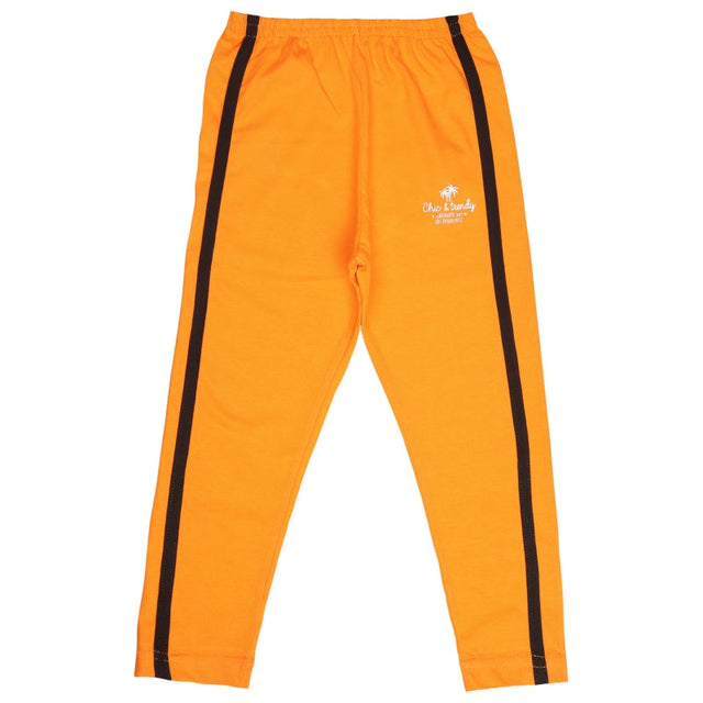 Kids orange leggings with black side stripes and elastic waistband, comfortable fit