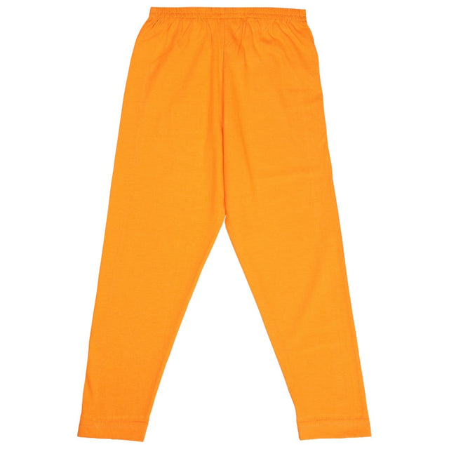 Orange full-length kids thermal leggings with elastic waistband, flat lay on white background
