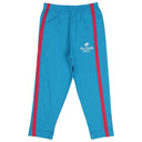 Kids blue leggings with red side stripes and white printed text on left thigh