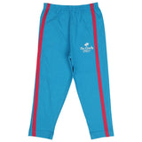 Kids blue leggings with red side stripes and white printed text on left thigh