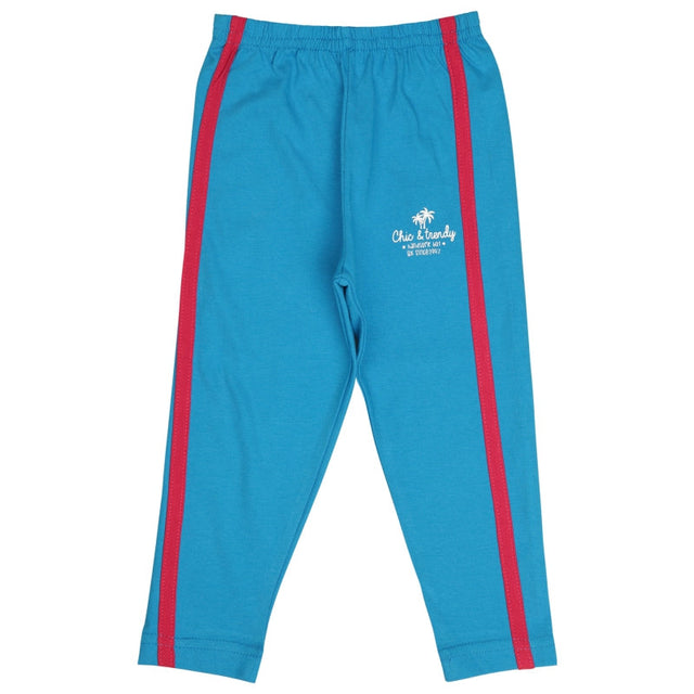 Kids blue leggings with red side stripes and white printed text on left thigh