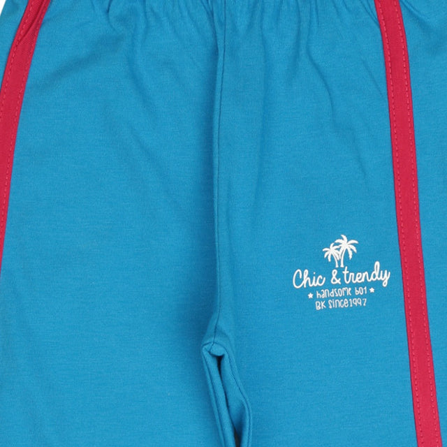 Blue kids shorts with red side stripes and 'Chic & trendy' printed on the leg
