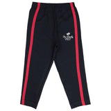 Navy blue kids leggings with red side stripes and printed text on the front